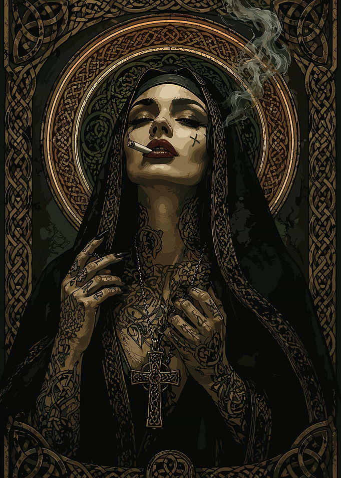 Tattooed Nun Smoking with Cross Necklace