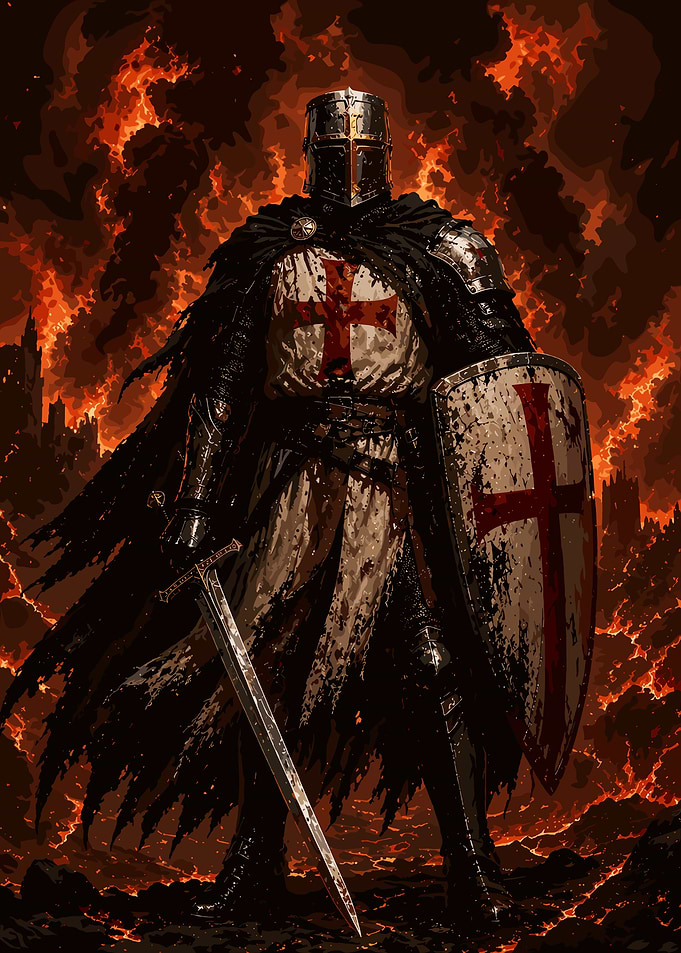 Templar Knight in Fiery Landscape
