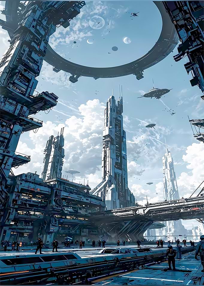 Futuristic Cityscape with Spaceships