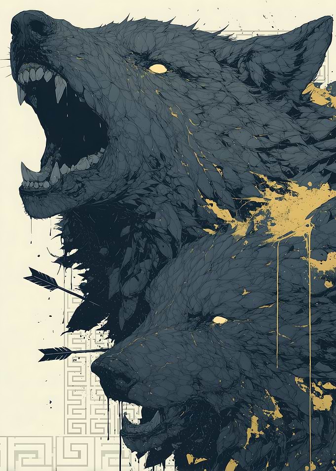 Two Fierce Wolves with Gold Splatter
