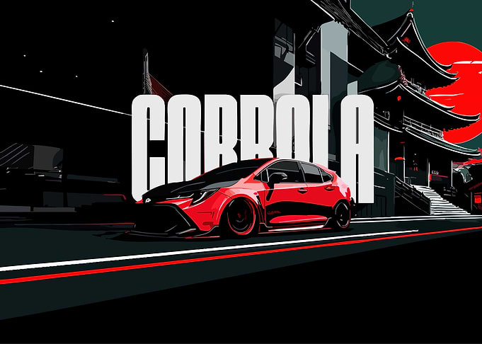 Red Corolla Hatchback with Japanese Temple