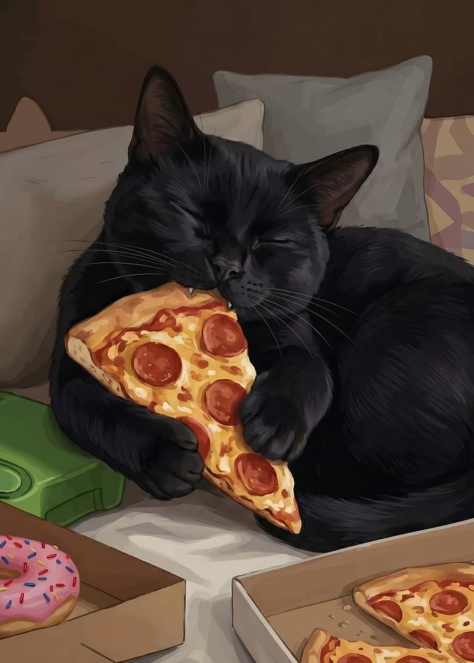 Black cat eating pizza poster