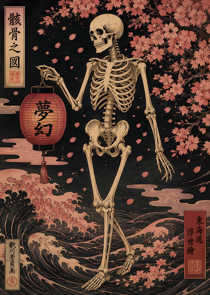 Skeleton with Lantern and Cherry Blossoms
