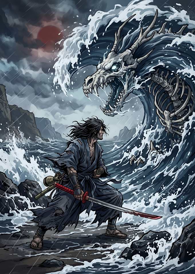 Samurai Duel with Skeletal Sea Dragon