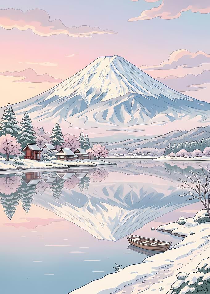 Snowy Mount Fuji Reflection