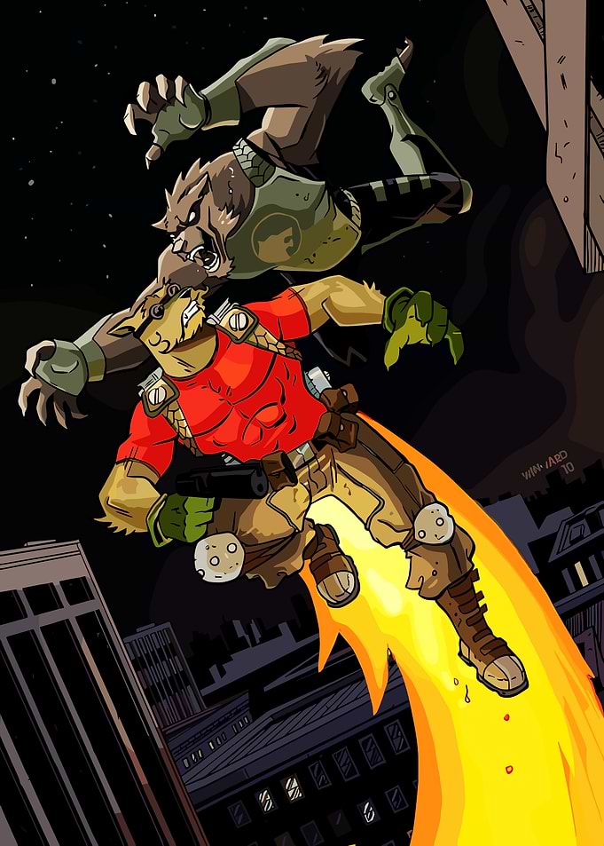 Anthropomorphic characters in a city battle