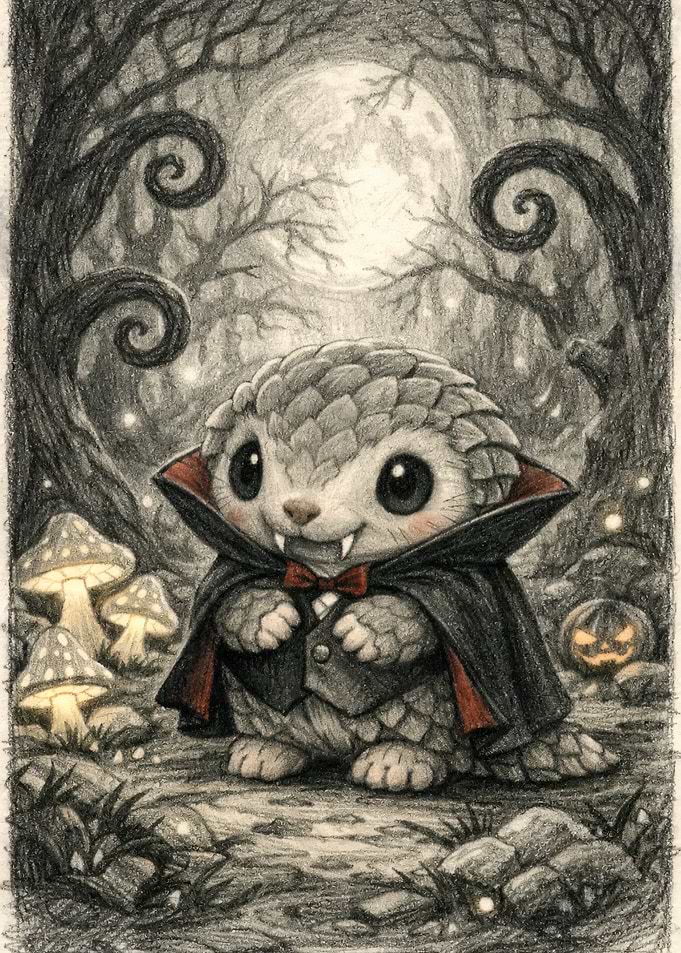 Cute Vampire Pangolin in Spooky Forest