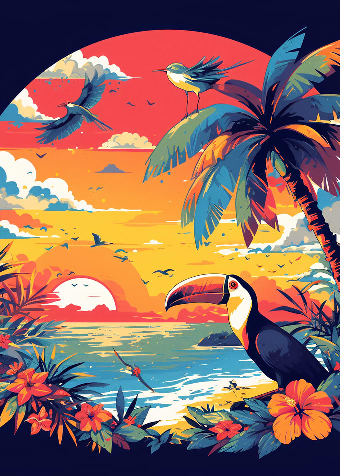 Tropical Sunset with Toucan and Birds