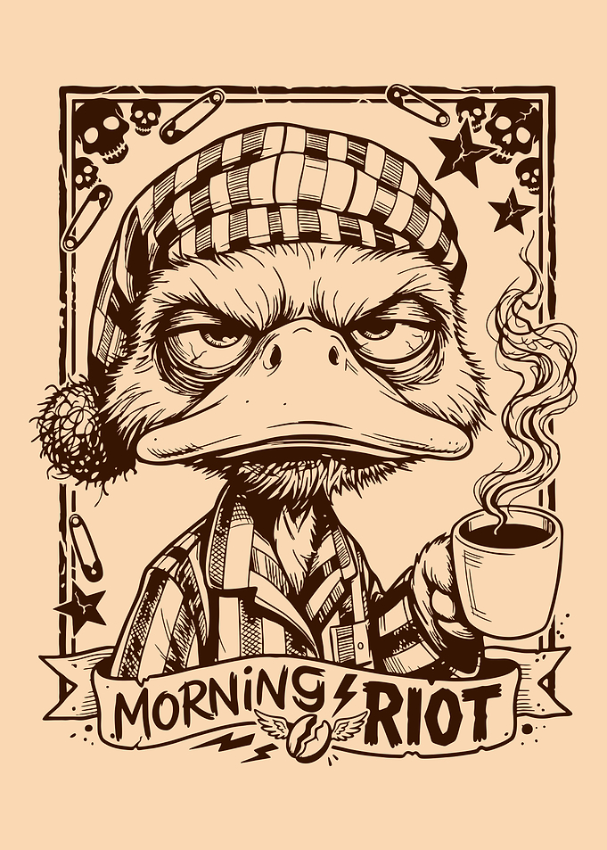 Grumpy Duck in Pajamas with Coffee