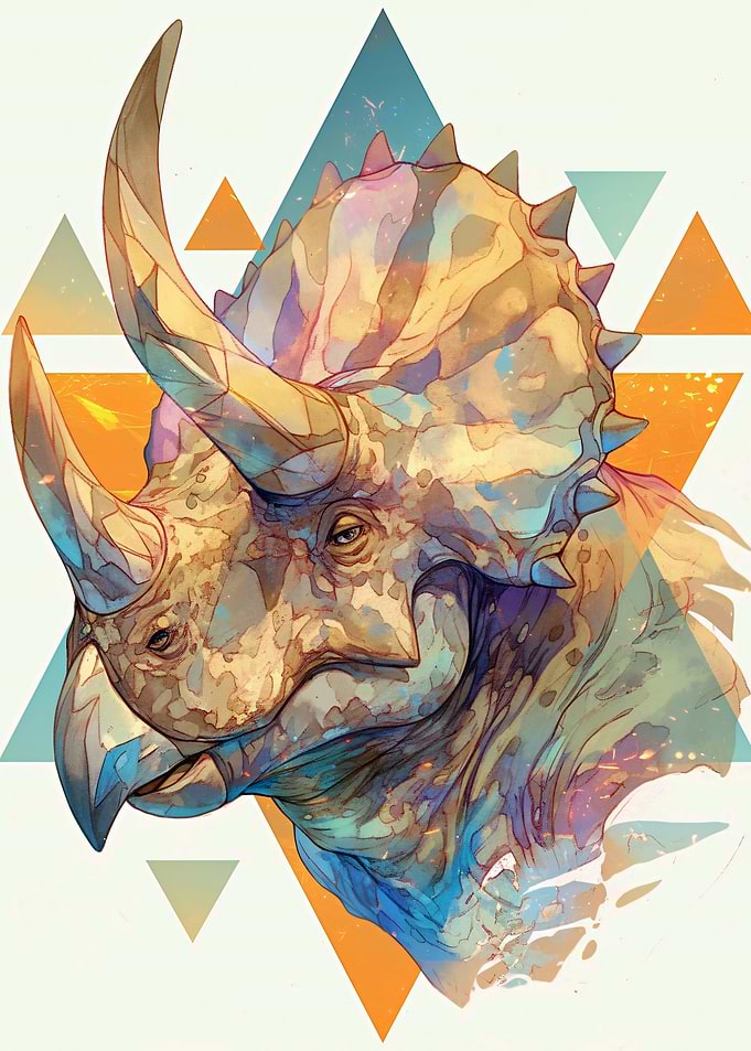Watercolor Triceratops with Geometric Background