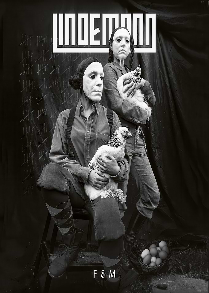 Two figures in masks with chickens