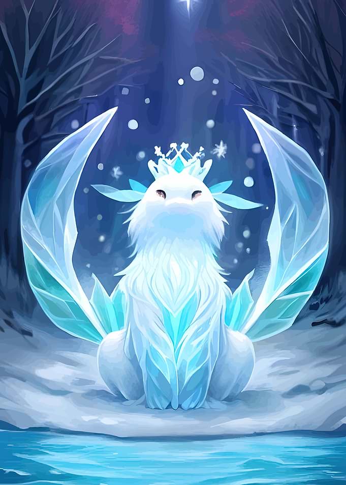 Ice Creature with Crown in Winter Forest