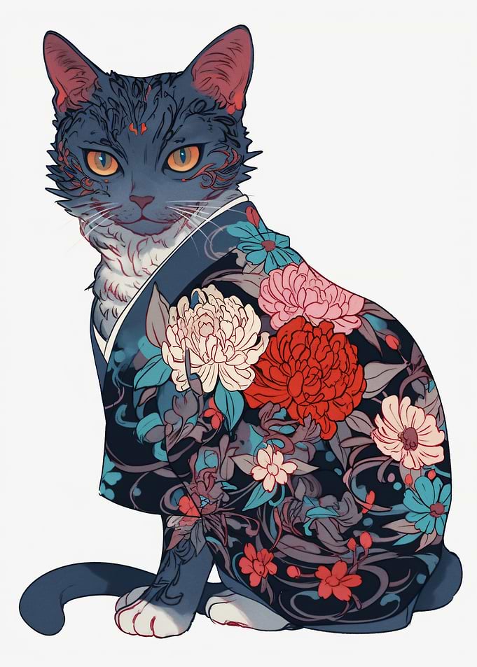 Cat in a Floral Kimono