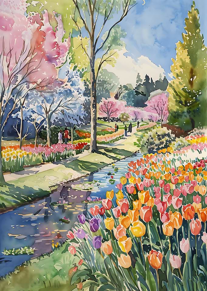 Watercolor Garden with Tulips and Stream