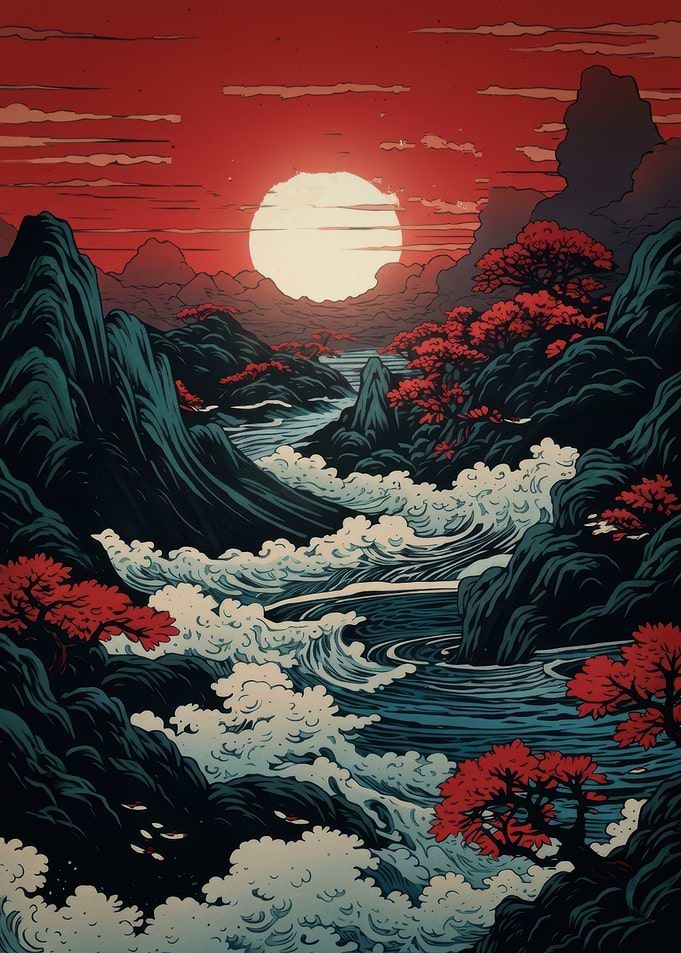 Japanese River Landscape at Sunset