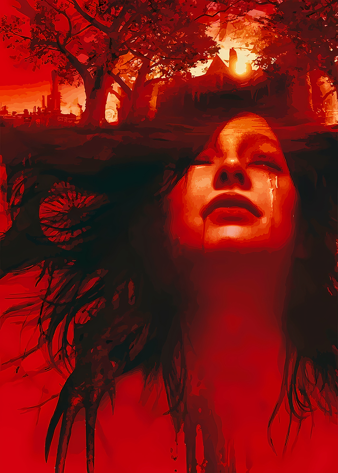 Crying Woman with Dark Forest Background