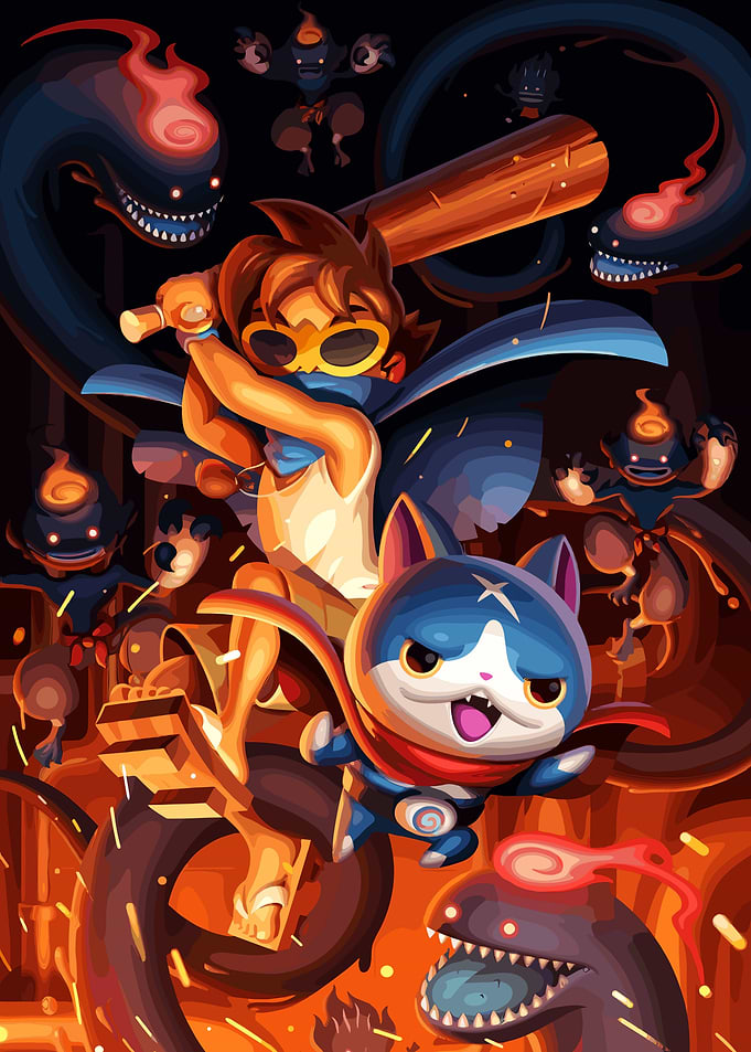 Boy and Cat Fighting Monsters