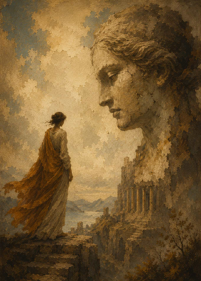 Woman Gazing at Giant Statue