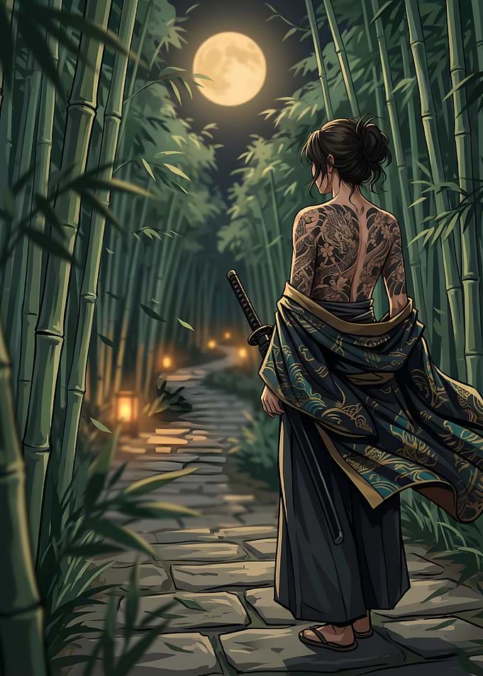 Samurai Onna-Bugeisha in Bamboo Forest Night