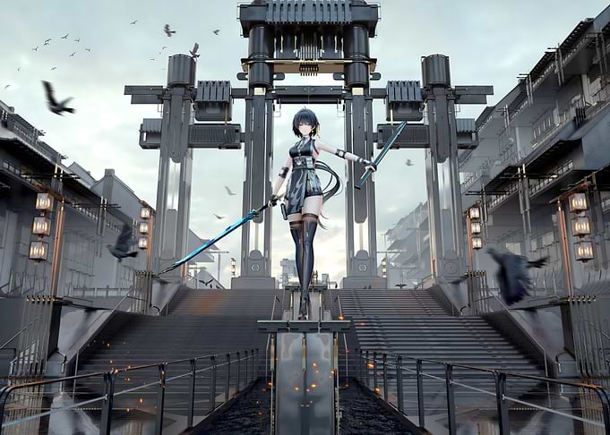 Anime warrior with glowing swords