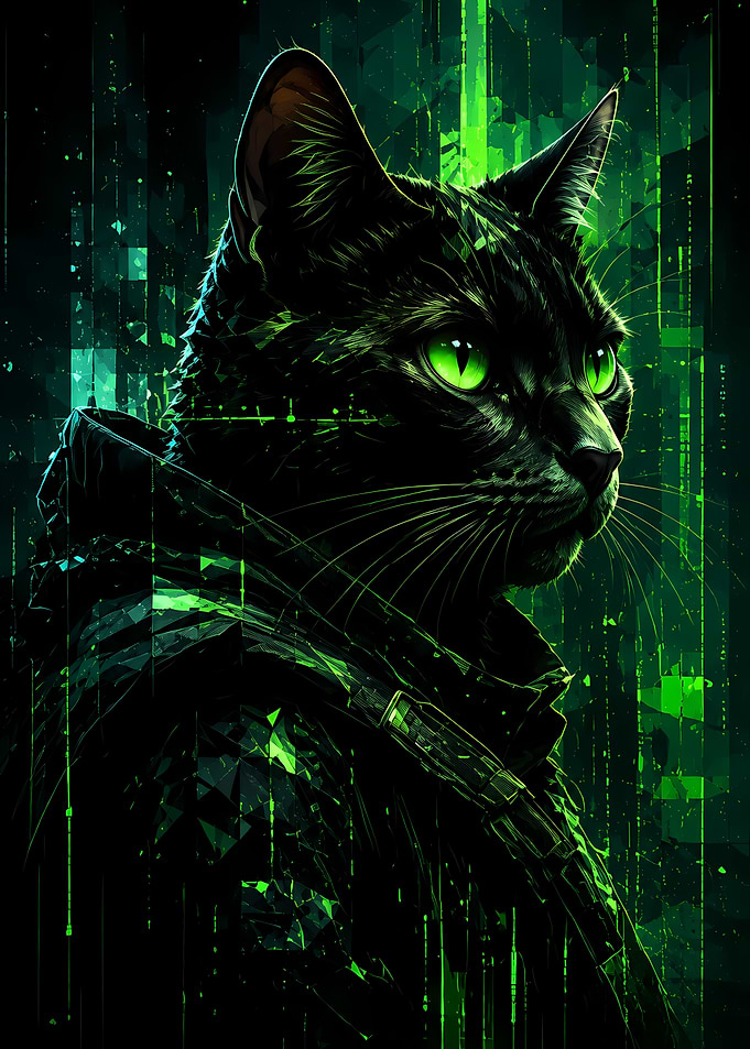 Cyberpunk Cat with Green Eyes