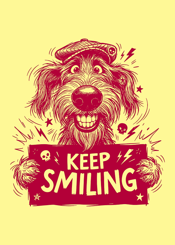 Dog with 'Keep Smiling' sign