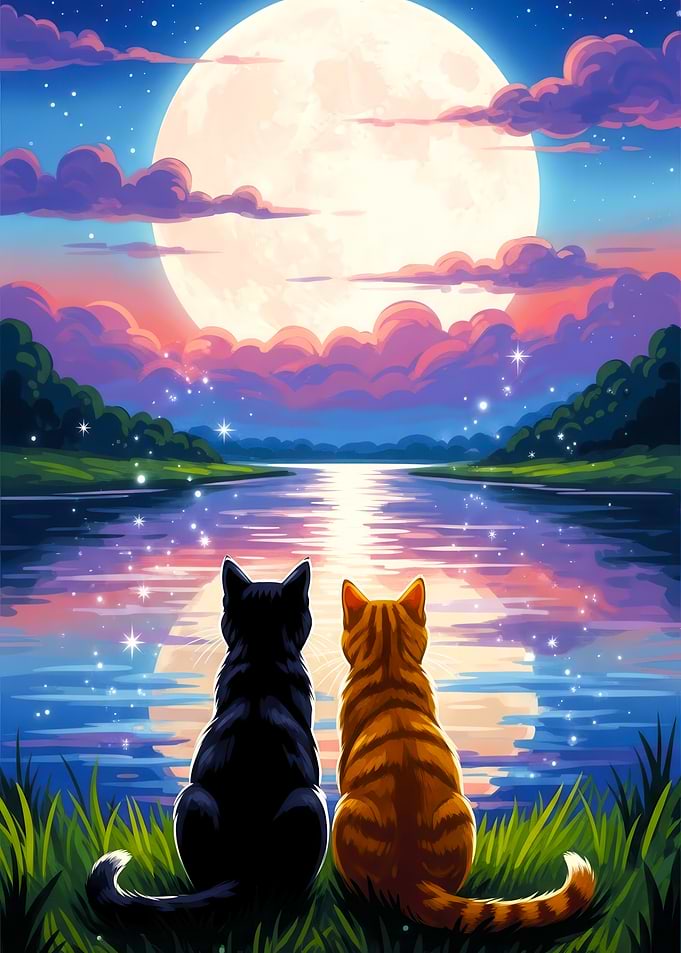 Two Cats Admire a Full Moon