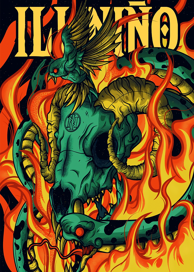 Skull, Snake, Bird, and Flames