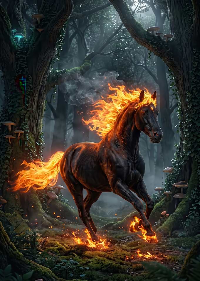 Fiery Horse in Enchanted Forest