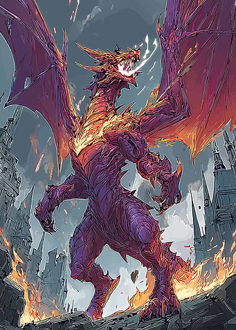 Dragon breathing fire in a ruined city