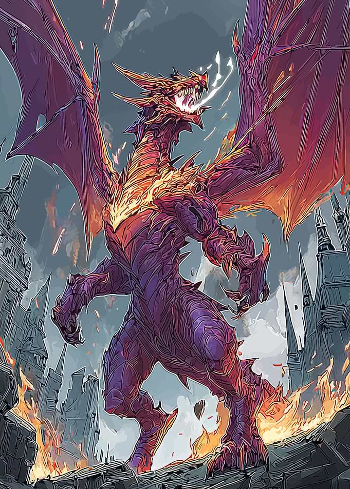 Dragon breathing fire in a ruined city
