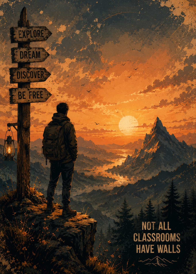 Man on cliff overlooking mountains at sunset