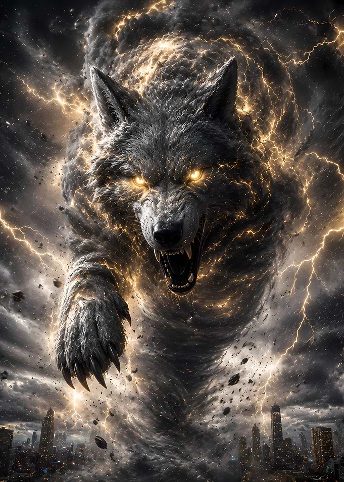 Mythical Wolf Tornado Over City