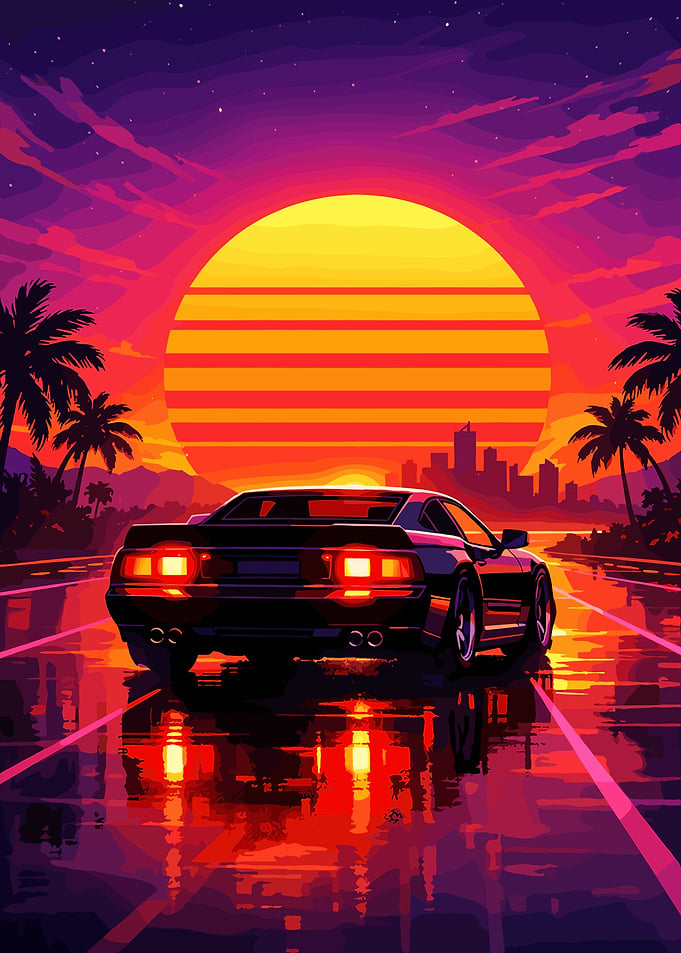 Retro Car Driving at Sunset