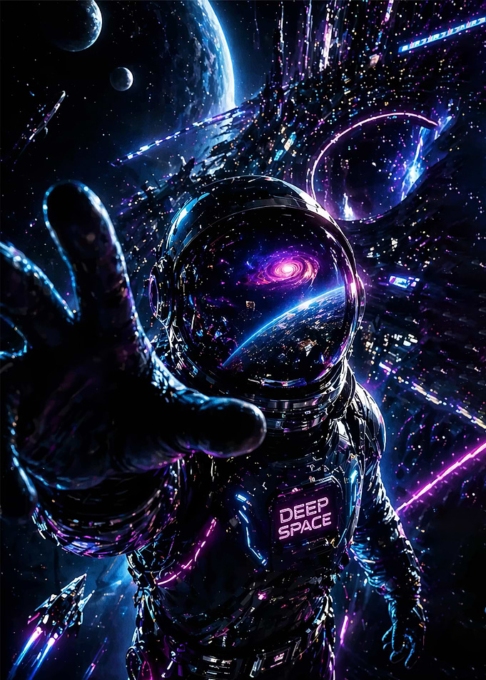 Astronaut Reaching Out in Deep Space