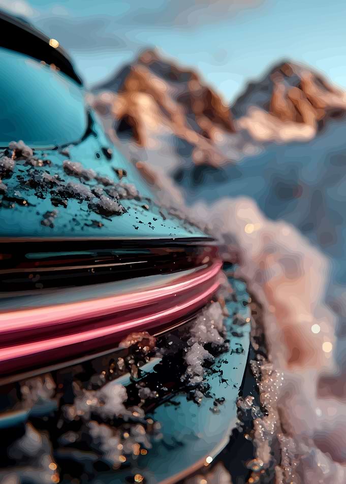 Futuristic Car in Snowy Mountains