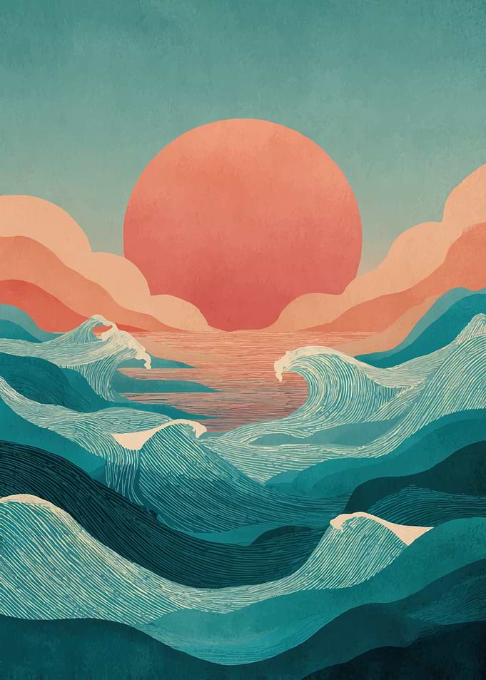 Stylized Sunset Over Wavy Ocean