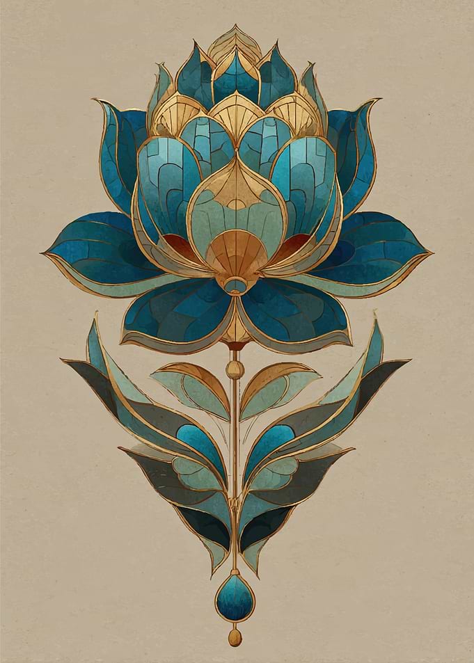 Ornate Blue and Gold Lotus Flower