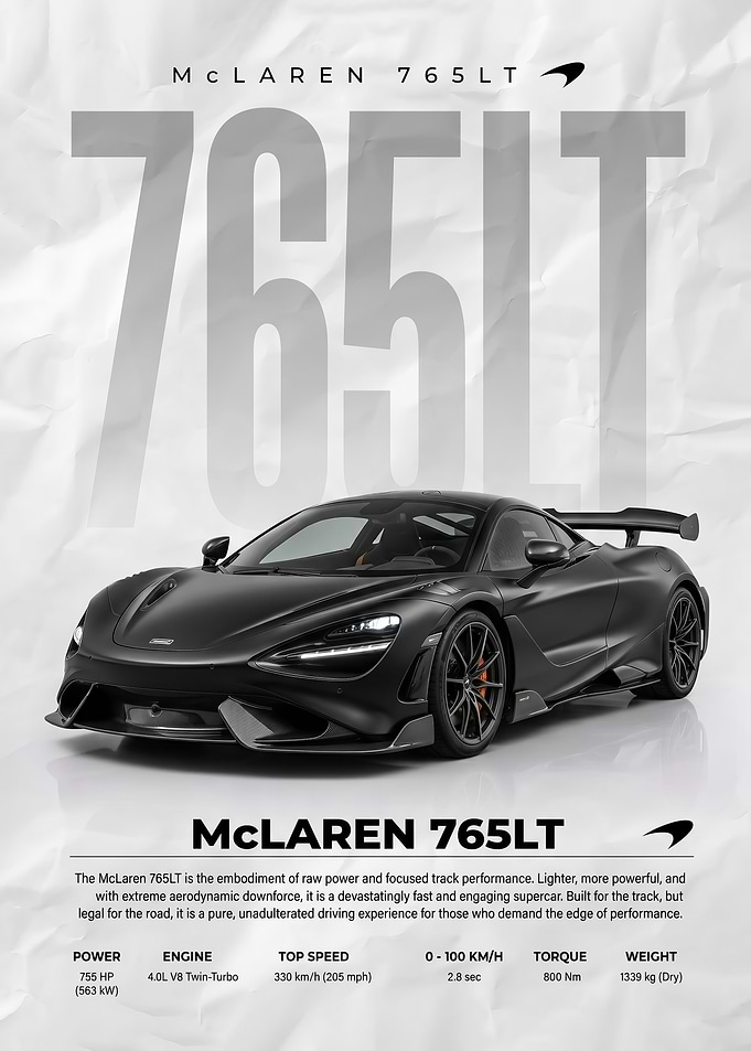 sleek black McLaren 765LT Supercar poster