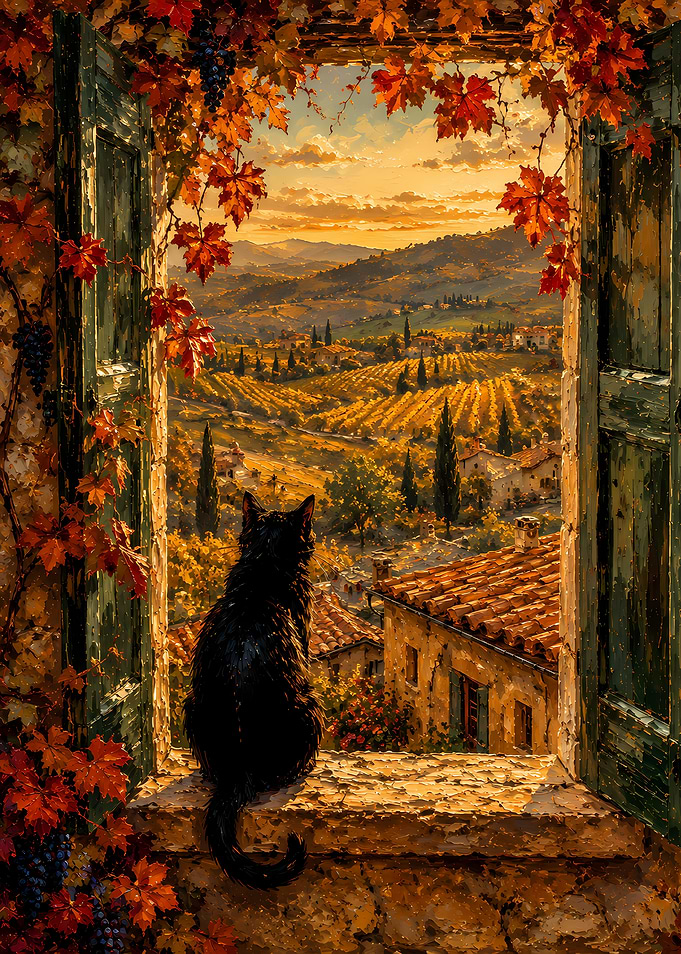 Black Cat in Tuscan Window