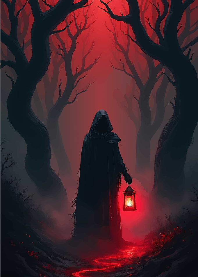 Figure in a dark forest with a lantern