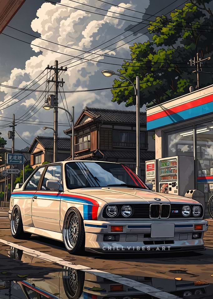 Retro BMW M3 E30 on Wet Street