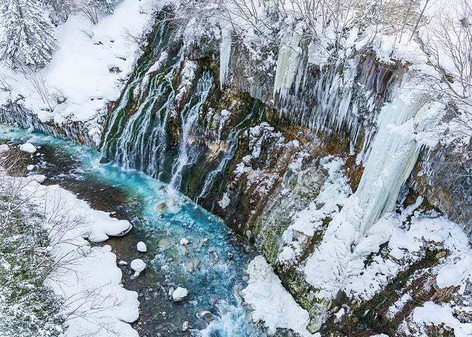 Frozen Shirahige Waterfall in Biei (Hokkaido) in Winter