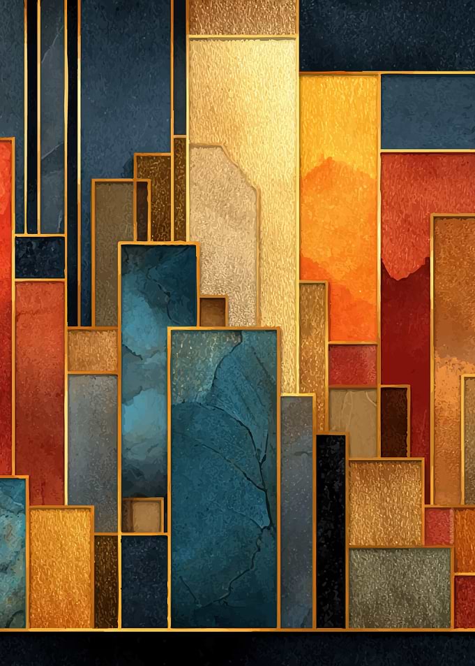 Abstract Geometric Cityscape with Gold Accents