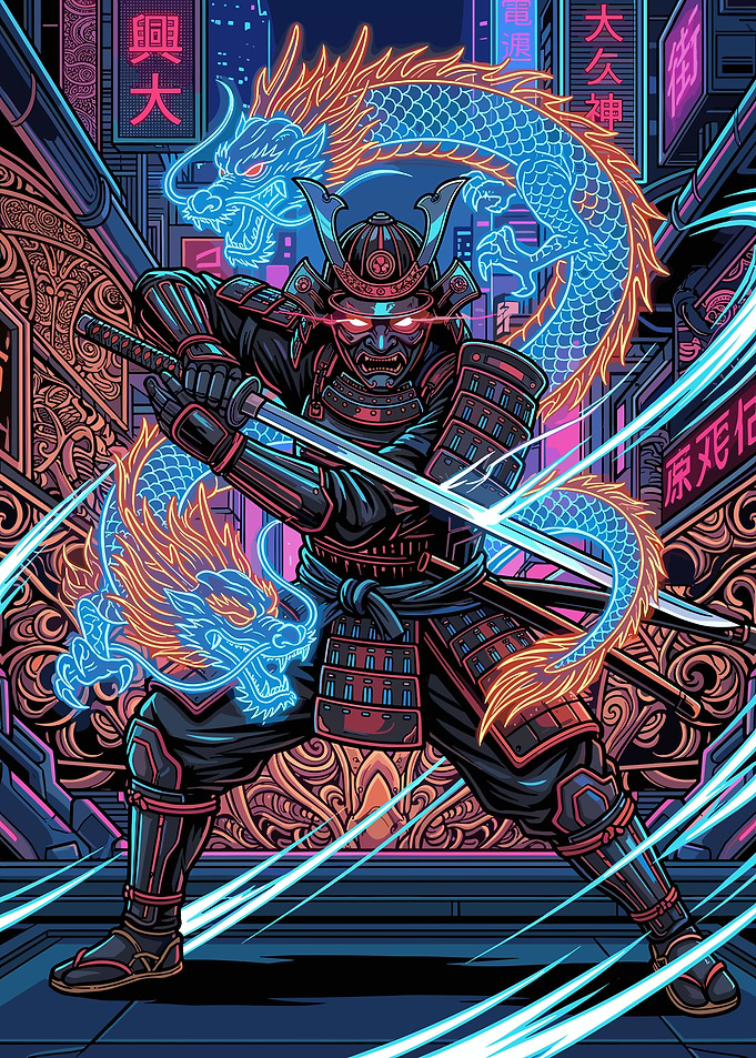 Cyberpunk Samurai with Neon Dragon