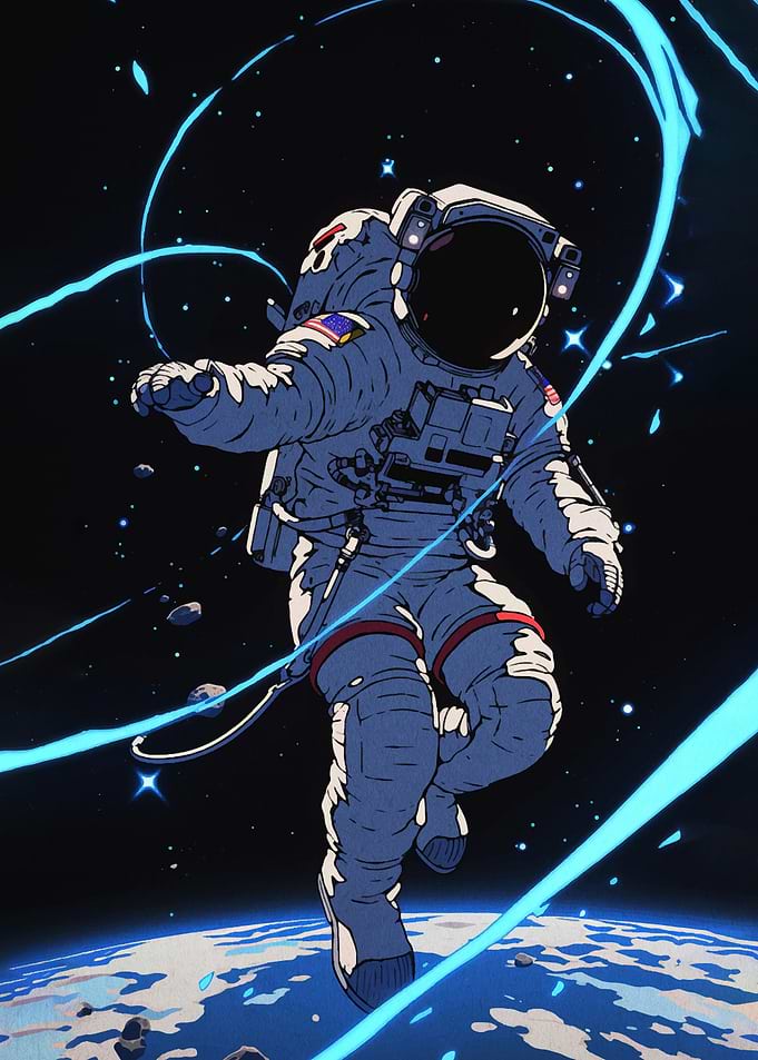 Astronaut floating in space with Earth below