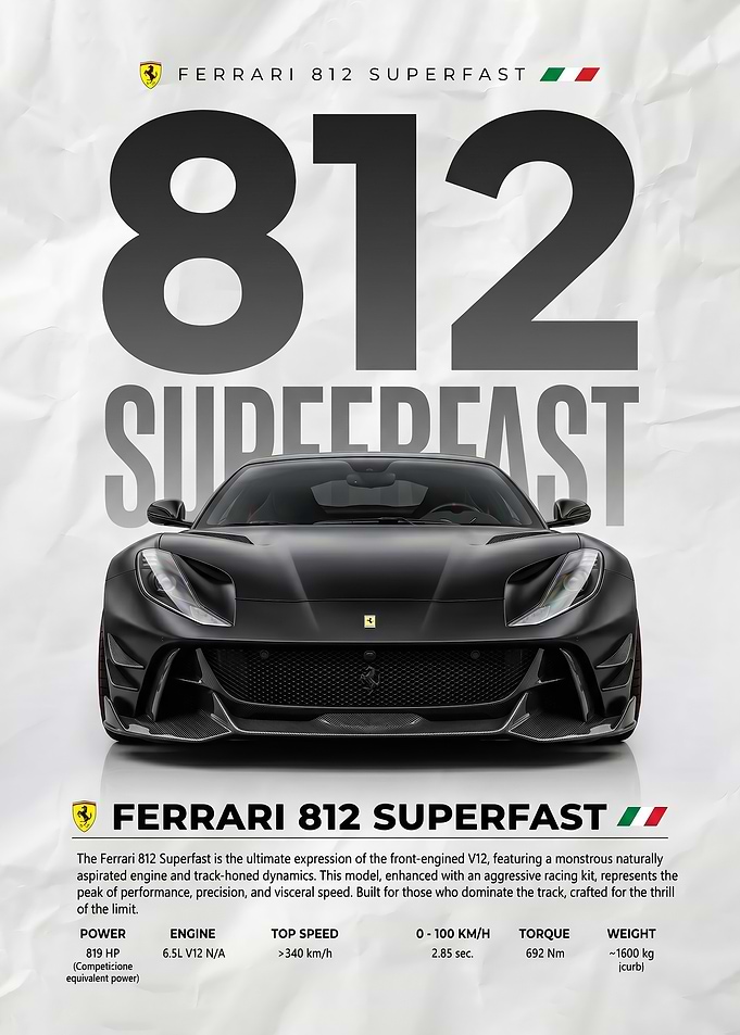 striking black Ferrari 812 Superfast Car Poster
