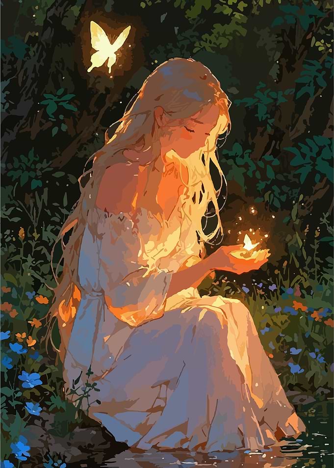 Girl with Butterflies in Enchanted Forest