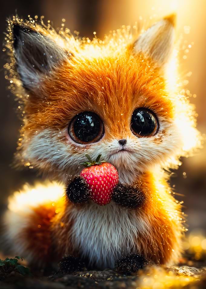 Small Baby Fox Holding Strawberry
