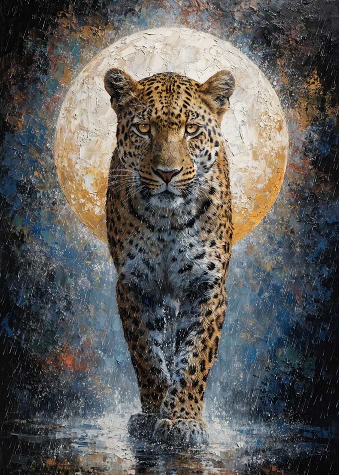 Leopard Walking in the Rain Under the Moon
